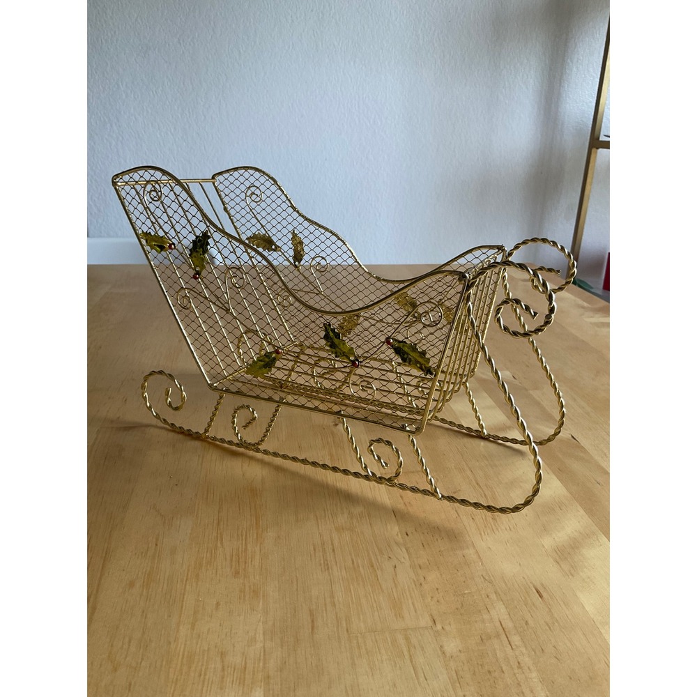 Vintage Gold Wire Mesh Christmas Sleigh Centerpiece Holly Berry Holiday Decor